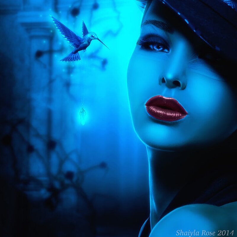 Woman with Hummingbird — Blue, Dramatic