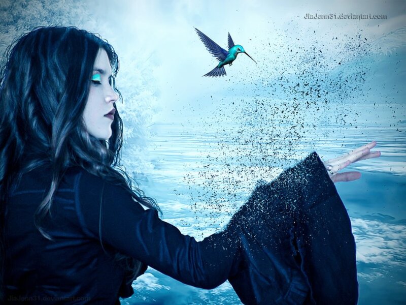 Woman with Hummingbird — Blue, Dreamy, Digital Art, Hand