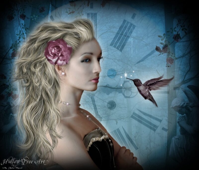 Woman with Hummingbird — Blue, Dreamy, Digital Art, Rose