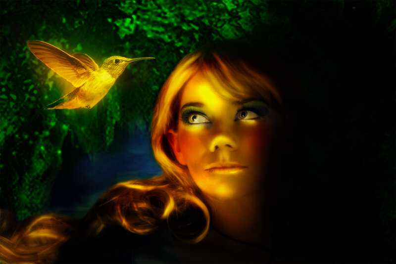 Woman with Hummingbird — Green, Dramatic