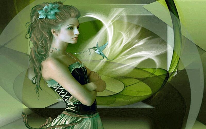 Woman with Hummingbird — Green, Serene, Digital Art, Flower