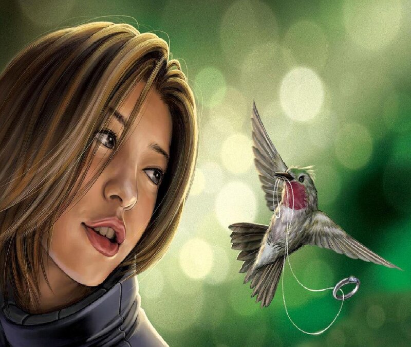 Woman with Hummingbird — Green, Serene, Digital Art