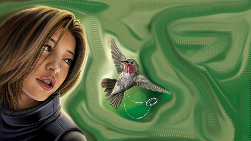 Woman with Hummingbird — Green, Serene
