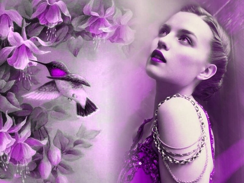 Woman with Hummingbird — Purple, Dreamy, Digital Art