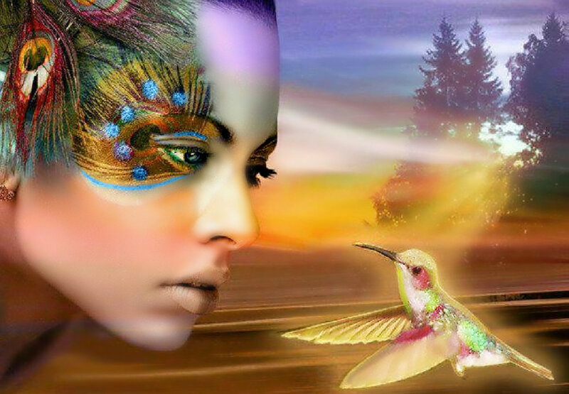 Woman with Hummingbird — Purple