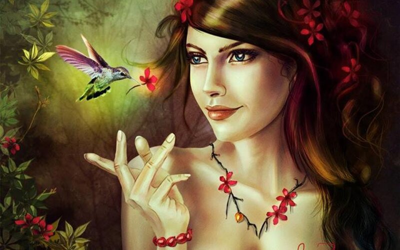 Woman with Hummingbird — Red