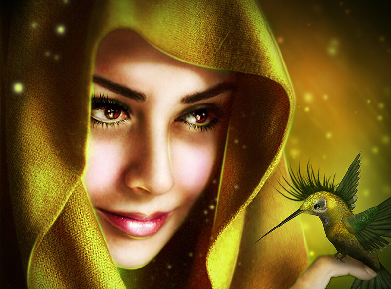 Woman with Hummingbird — Yellow, Mystical
