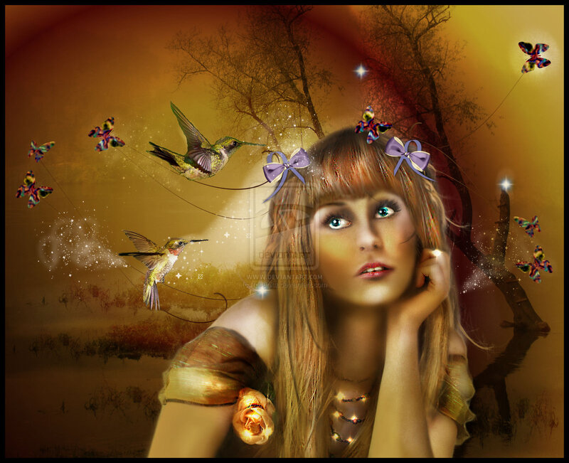 Woman with Hummingbirds — Gold