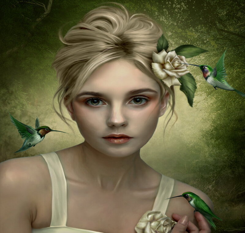 Woman with Hummingbirds — Green, Serene, Digital Art