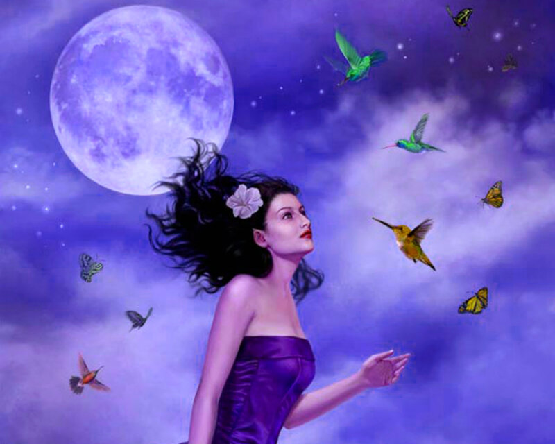 Woman with Hummingbirds — Purple