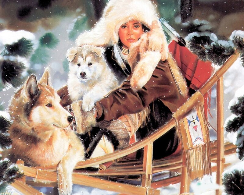 Woman with Huskies in Sled