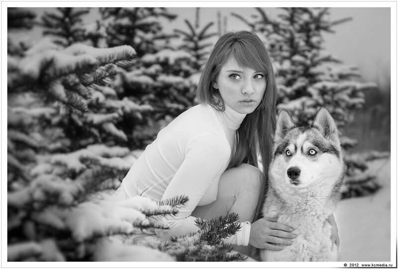 Woman with Husky Dog — Black, Calm
