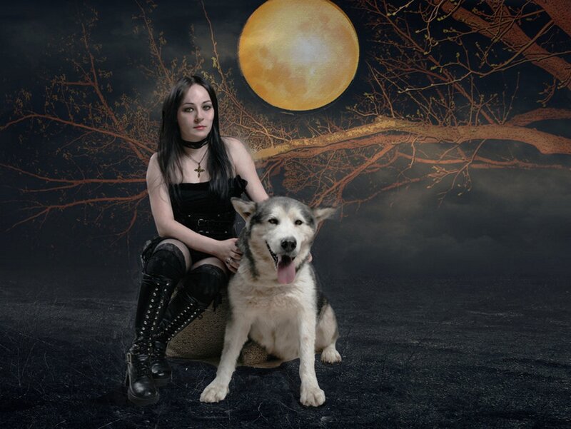 Woman with Husky Dog — Black, Dramatic, Night