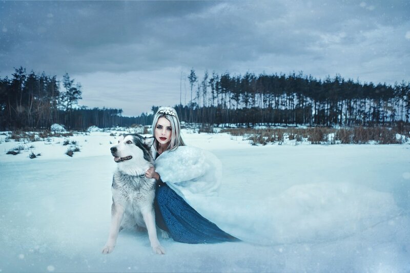 Woman with Husky Dog — Blue, Dramatic
