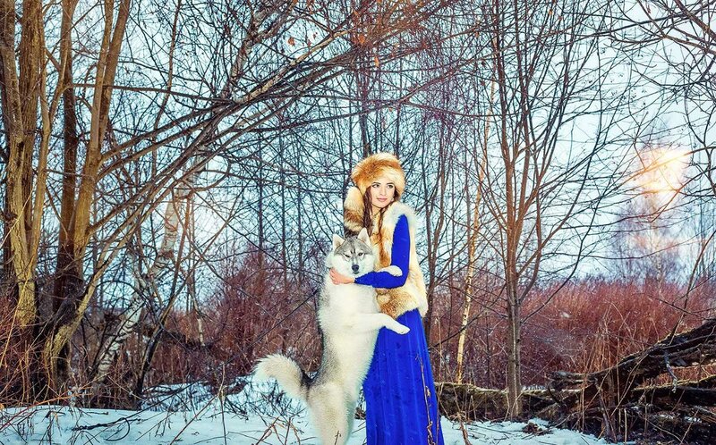 Woman with Husky Dog — Blue, Serene