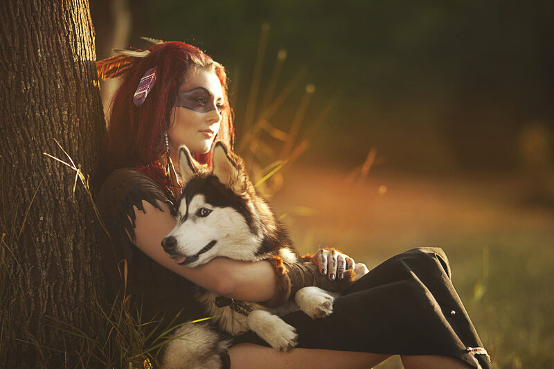 Woman with Husky Dog — Brown, Serene