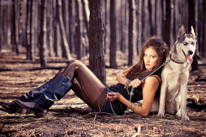 Woman with Husky Dog — Brown