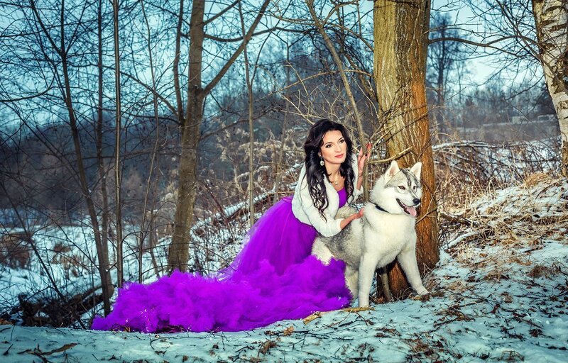 Woman with Husky Dog — Purple