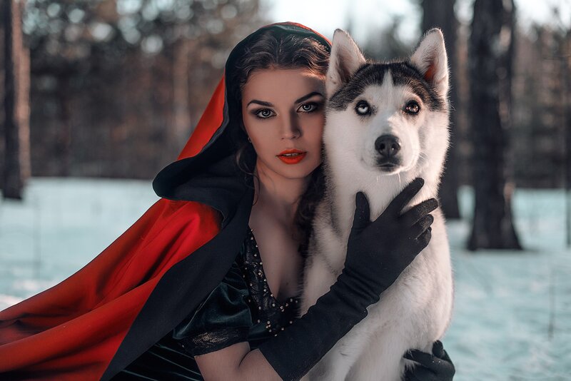 Woman with Husky Dog — Red, Dramatic