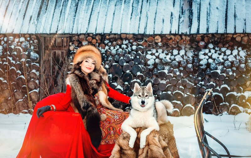 Woman with Husky Dog — Red, Serene