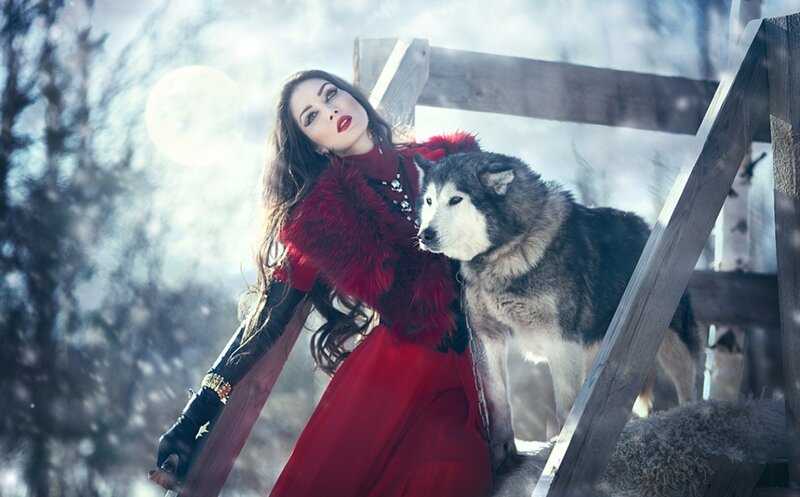 Woman with Husky Dog — Red