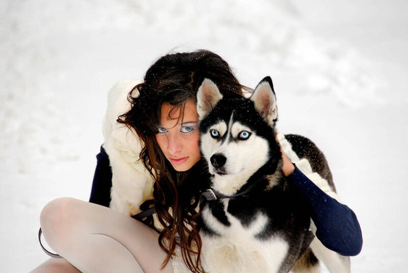 Woman with Husky Dog — White, Calm