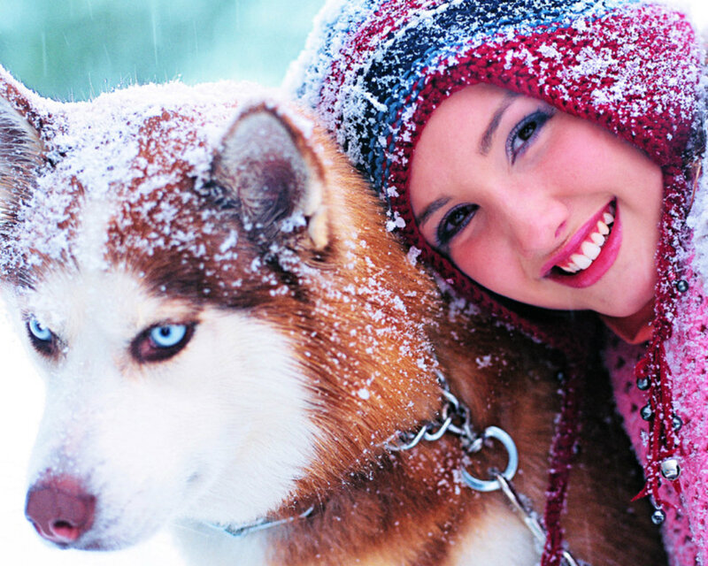 Woman with Husky Dog — White, Cold, Winter, Photograph