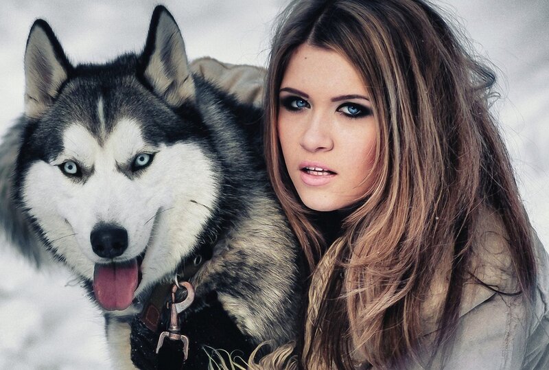Woman with Husky Dog — White, Cold, Winter