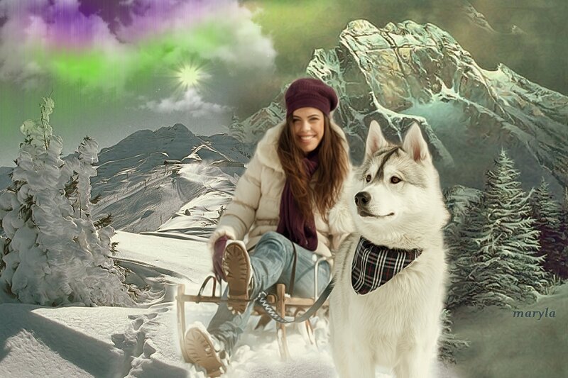 Woman with Husky Dog — White, Magical
