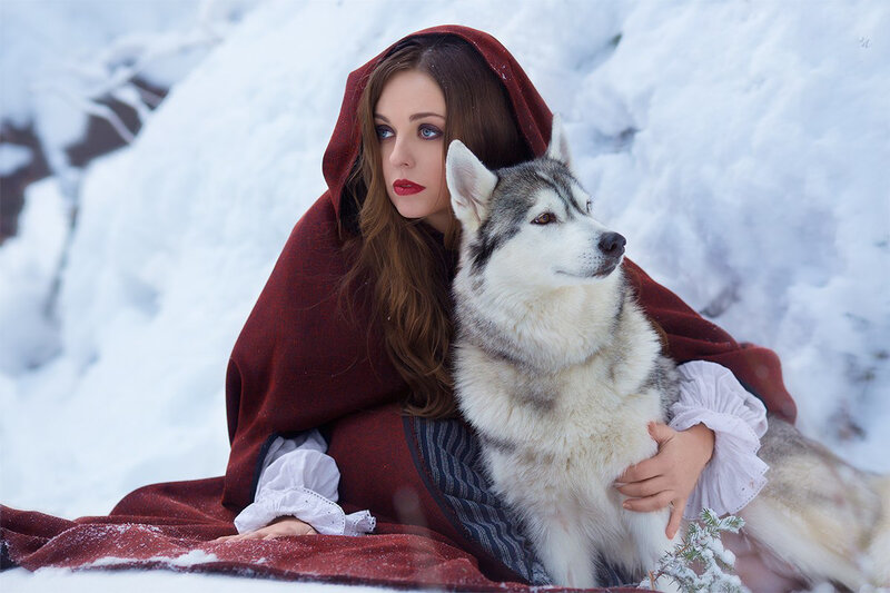 Woman with Husky Dog — White, Serene