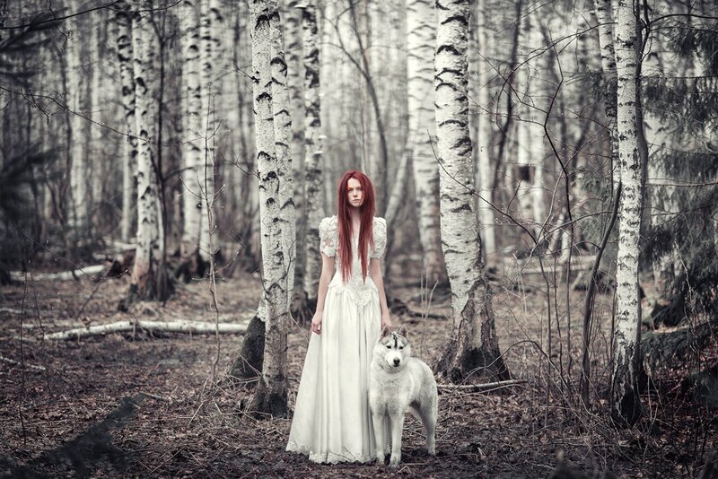 Woman with Husky Dog — White, Somber