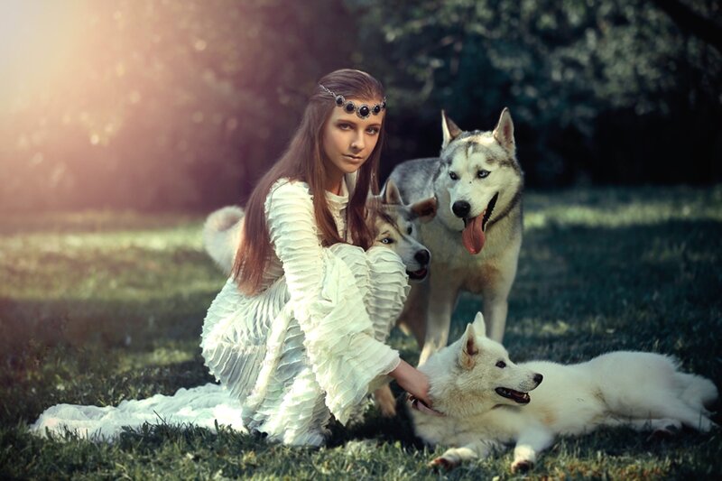 Woman with Husky Dogs — White