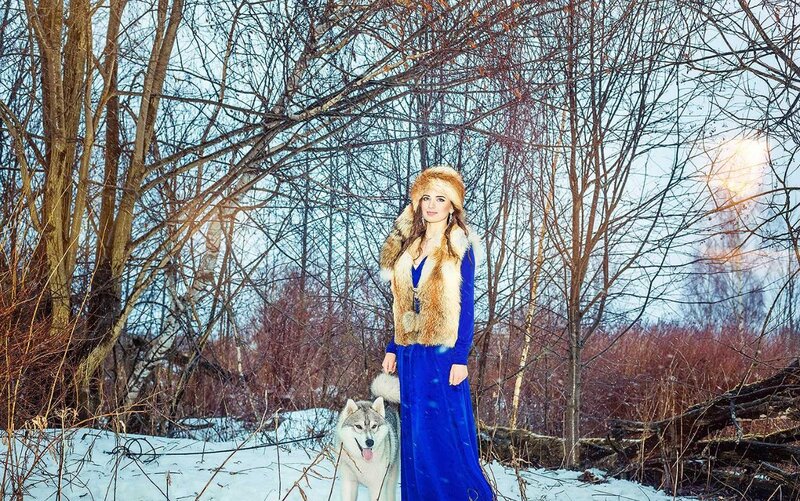 Woman with Husky in Forest — Blue