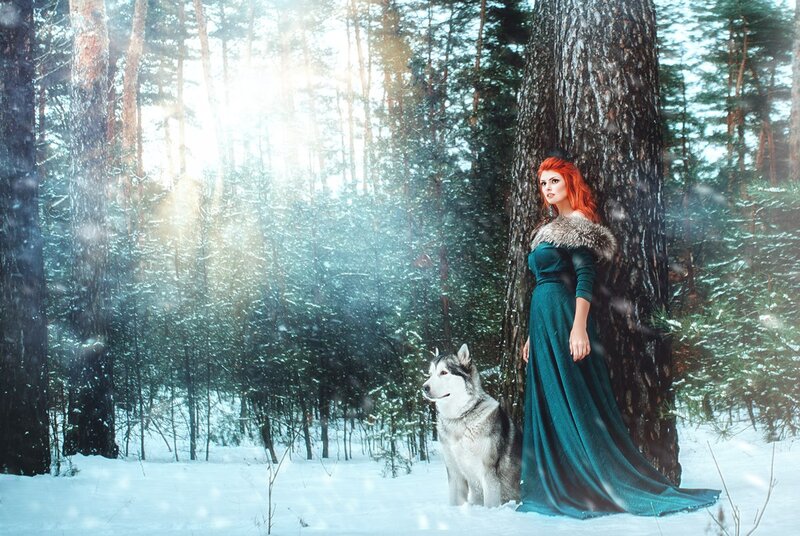 Woman with Husky in Forest — Green