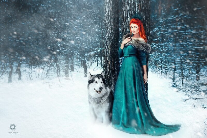 Woman with Husky in Snow — Green, Dramatic
