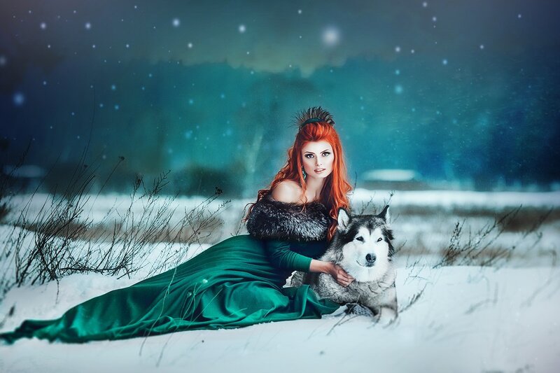 Woman with Husky in Snow — Green
