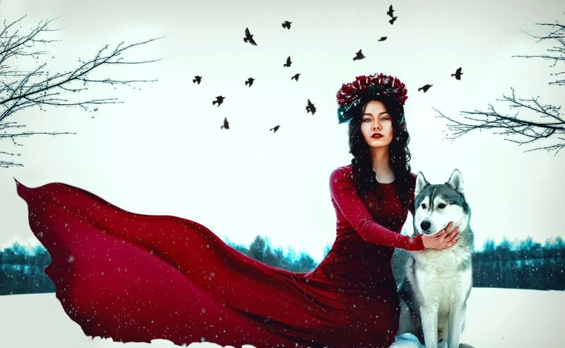 Woman with Husky in Snow — Red