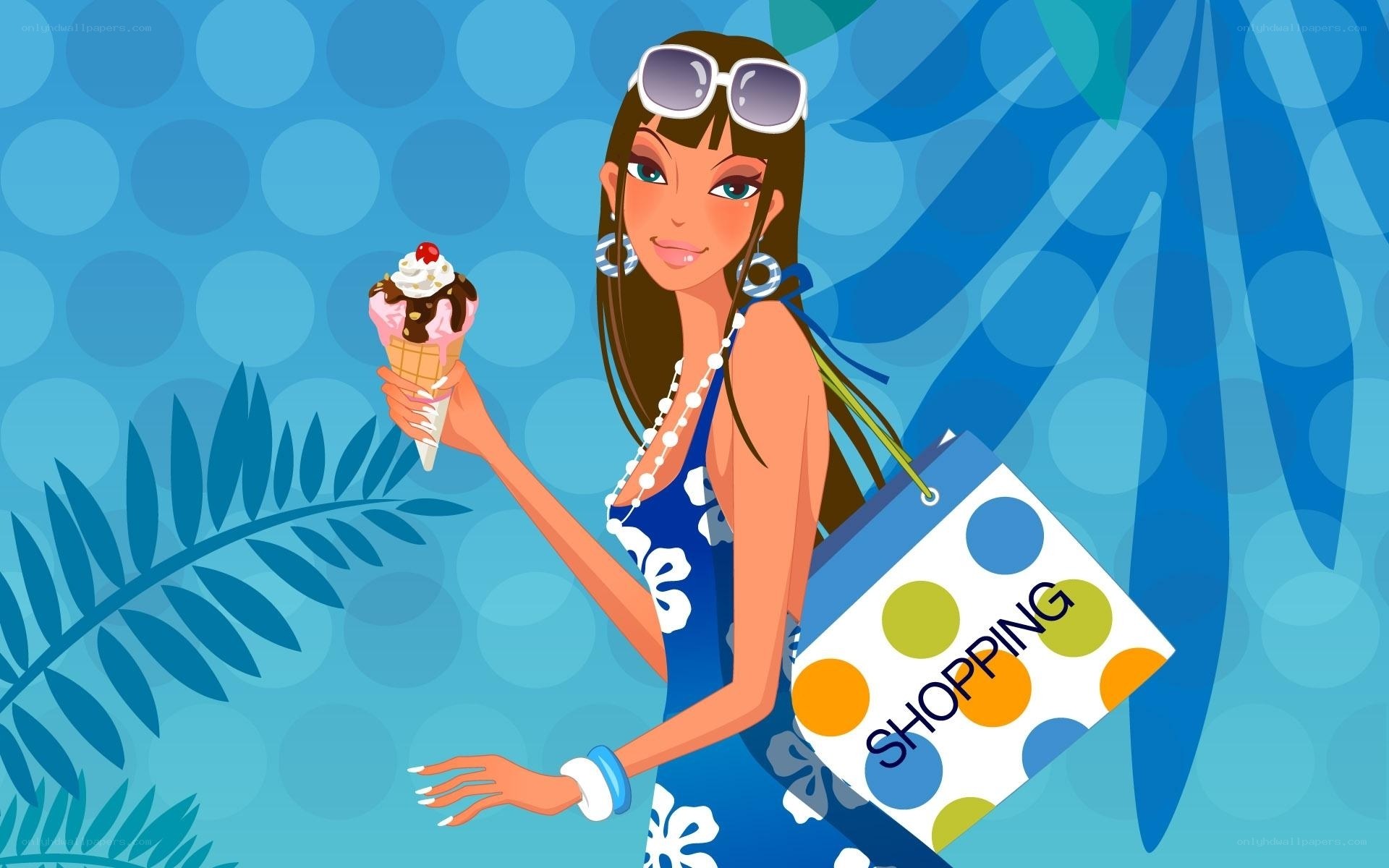 Woman with ice cream and shopping bag