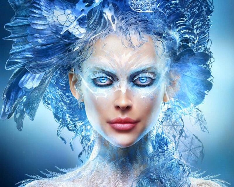 Woman with Ice Wings — Blue, Dramatic, Digital Art