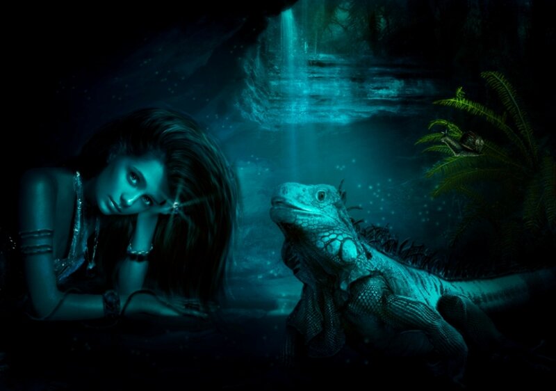 Woman with Iguana — Blue