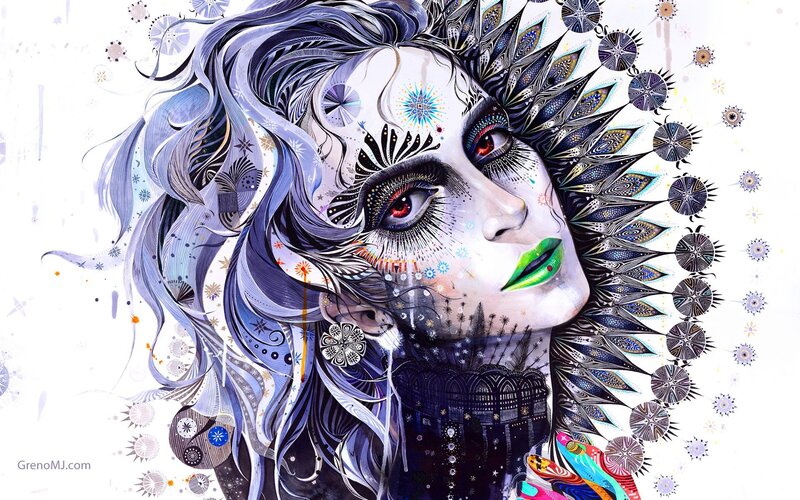 Woman with Intricate Face Paint — White, Dramatic, Digital Art