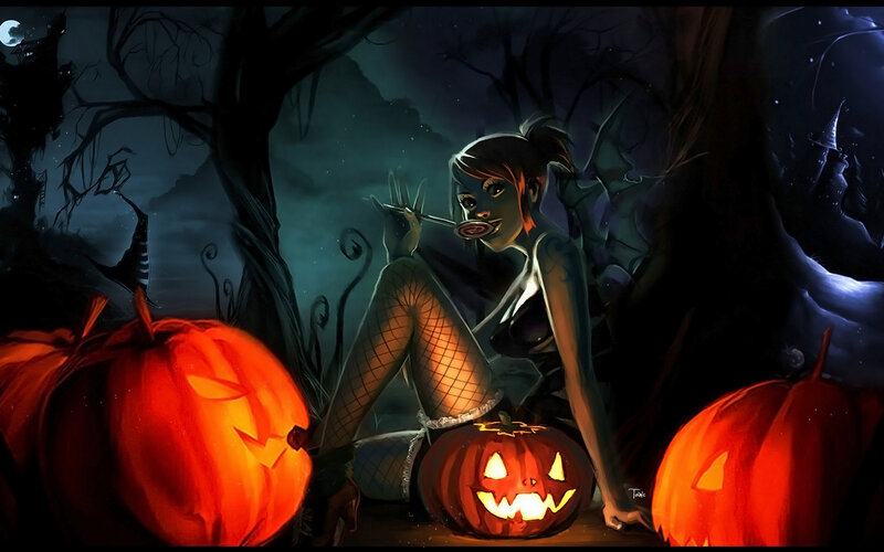 Woman with Jack-o-lanterns