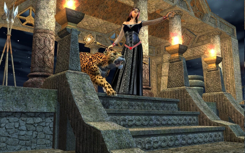 Woman with jaguar on stone steps