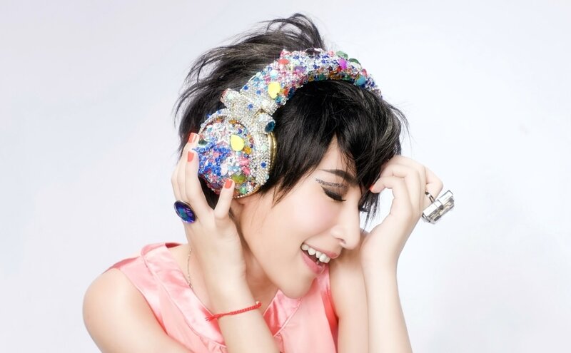 Woman with Jeweled Headphones — Pink