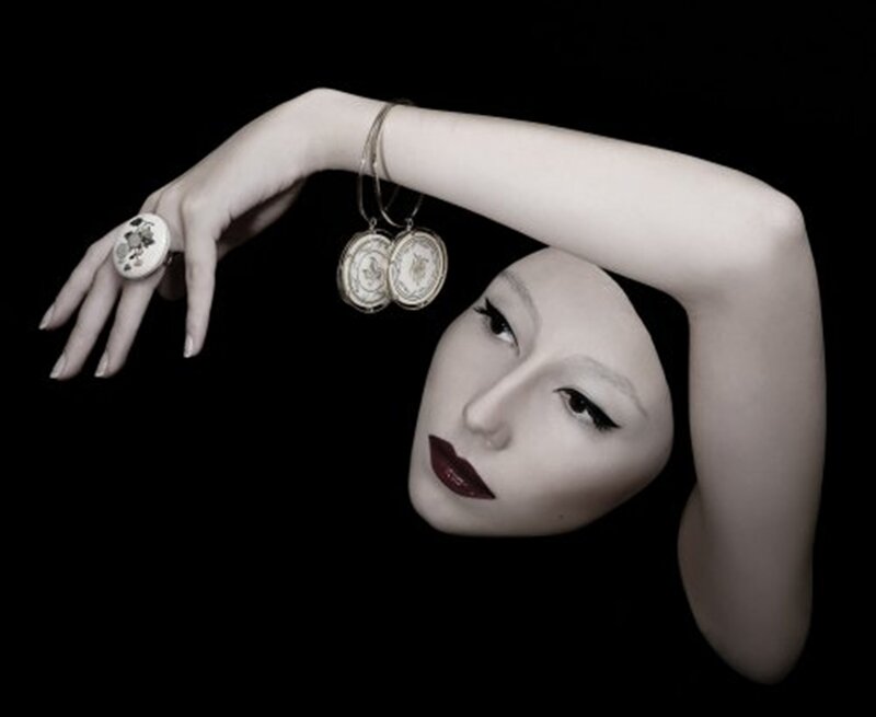 Woman with Jewelry — Black, Dramatic, Photograph, Ring, Earrings