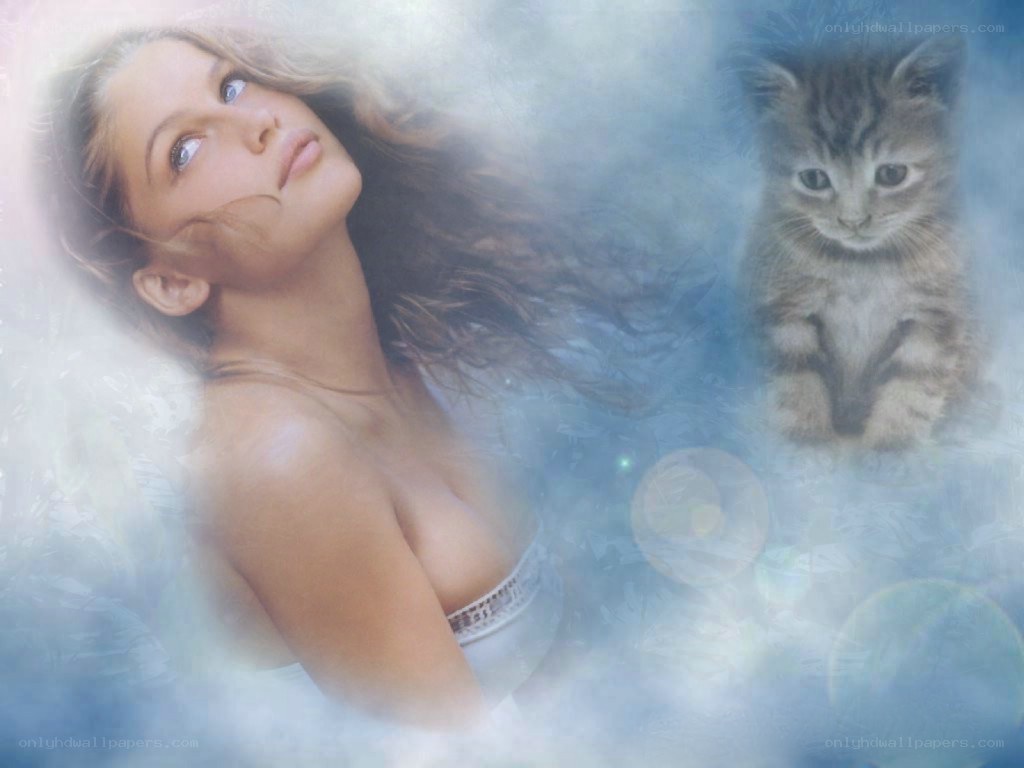 woman with kitten in clouds