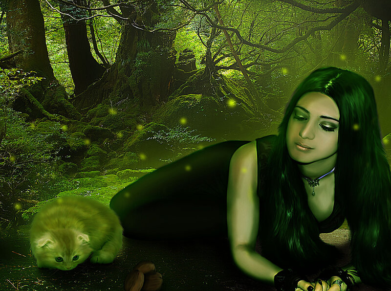 Woman with Kitten in Forest