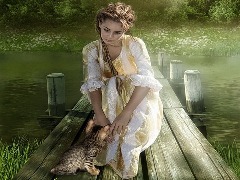 Woman with Kitten on Dock