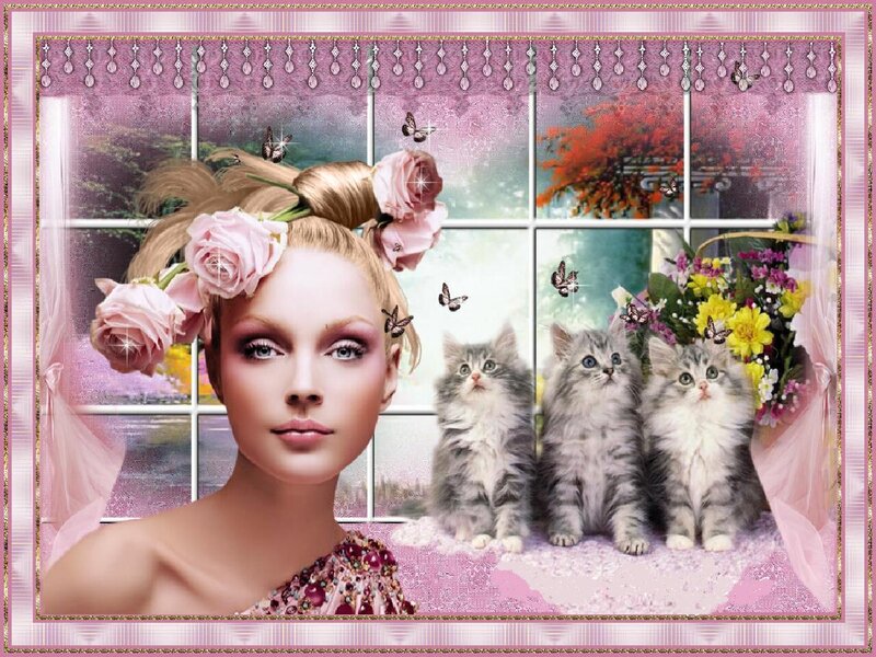 woman with kittens and roses