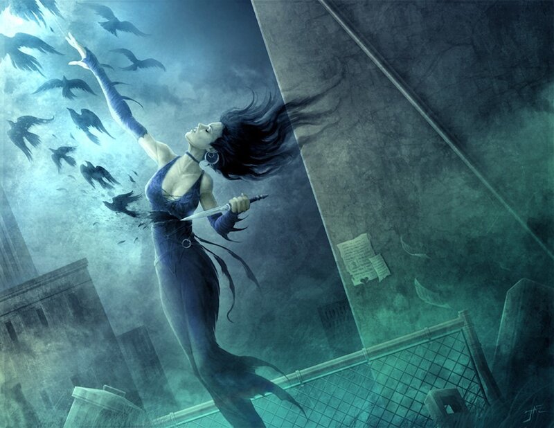 Woman with knife and crows